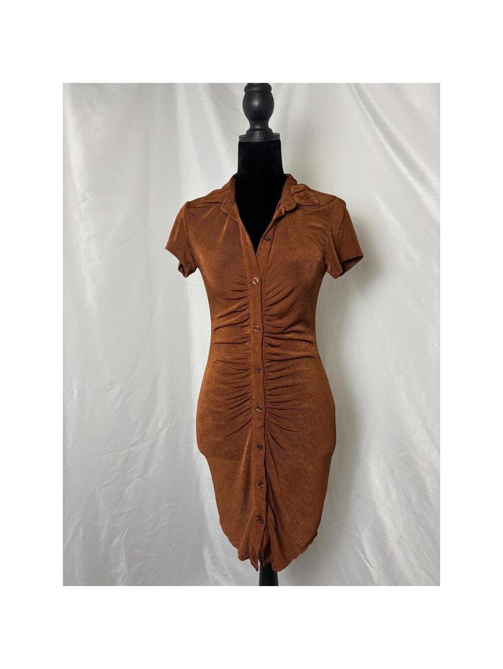 Just Polly New York Copper Rust Ruched Button Front Mini Dress Small Metallic